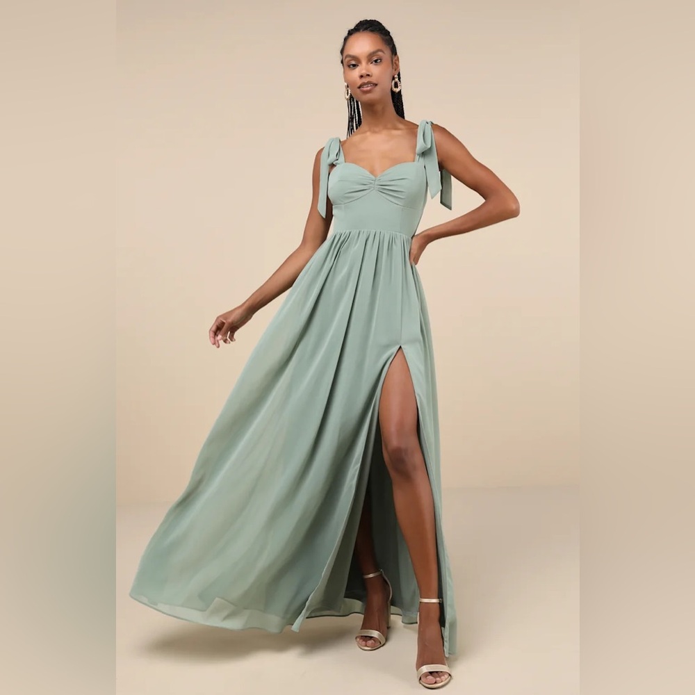 Lulus - Radiant Charisma Sage Brush Chiffon Ruched Tie-Strap Maxi Dress - Medium